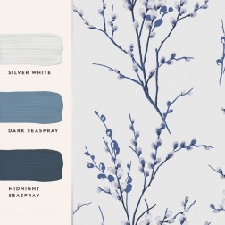 Білі шпалери з синіми гілочками верби Pussy Willow Off White / Midnight