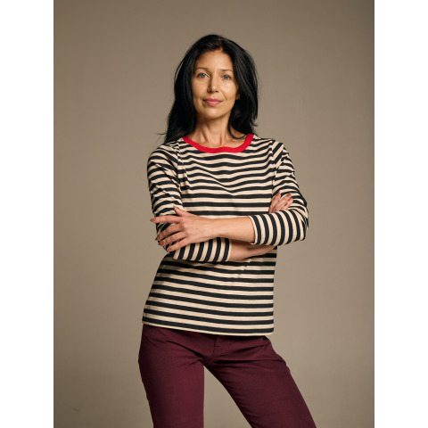 Лонгслів в чорно-бежеву смужку з черврною окантовкою