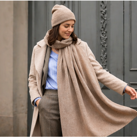 В’язаний шарф-палантин бежевого кольору з кашеміру та вовни