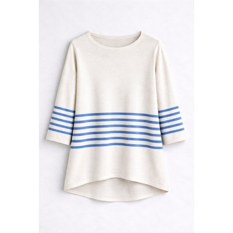 Смугастий жіночий пуловер оверсайз з бавовни та кашеміру з рукавом 3/4 Біло-Блакитний Смугастий жіночий пуловер оверсайз з бавовни та кашеміру з рукавом 3/4 Біло-Блакитний