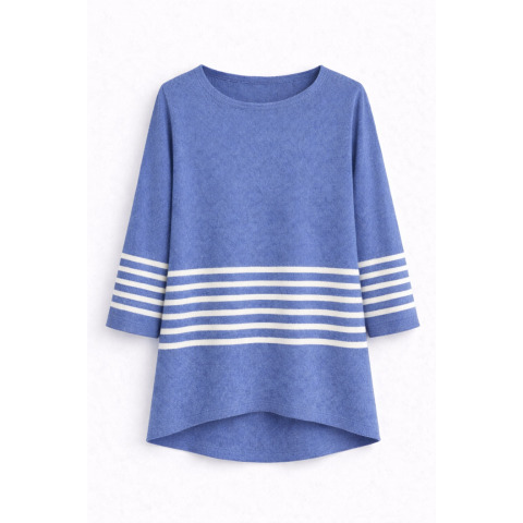 Смугастий жіночий пуловер оверсайз з бавовни та кашеміру з рукавом 3/4 Блакитно-Білий Смугастий жіночий пуловер оверсайз з бавовни та кашеміру з рукавом 3/4 Блакитно-Білий