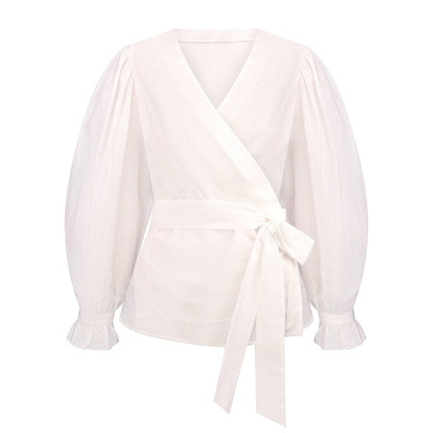 Блуза на запах із бавовни з широкими рукавами на манжеті, біла (White).