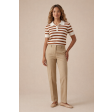 Жіночий смугастий пуловер-поло з бавовни та кашеміру з коротким рукавом Бежево-Молочного кольору