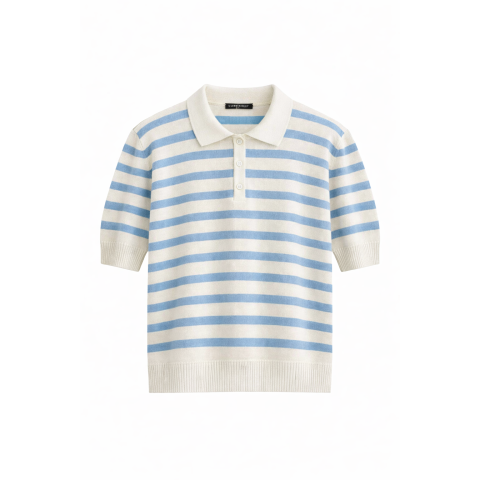 Жіночий смугастий пуловер-поло з бавовни та кашеміру з коротким рукавом Блакитно-Молочного кольору Жіночий смугастий пуловер-поло з бавовни та кашеміру з коротким рукавом Блакитно-Молочного кольору