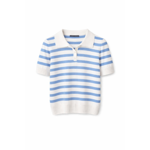 Жіночий смугастий пуловер-поло з бавовни та кашеміру з коротким рукавом Блакитно-Молочного кольору