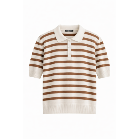 Жіночий смугастий пуловер-поло з бавовни та кашеміру з коротким рукавом Бежево-Молочного кольору