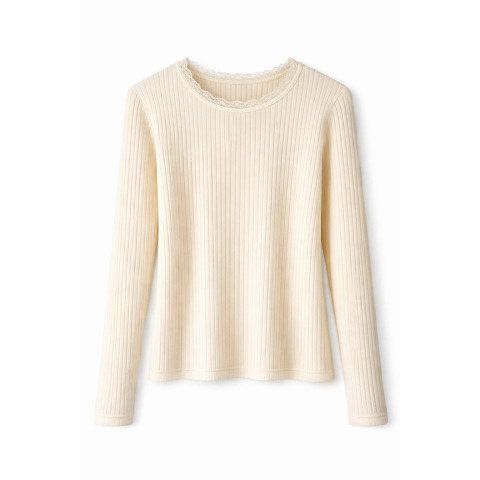 Піжамна футболка з довгим рукавом молочного кольору з вовни та шовку