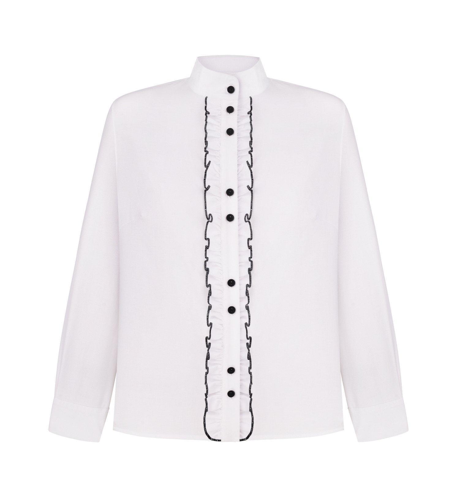 Біла ділова блуза з чорними гудзиками та кантом на рюшах