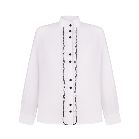 Біла ділова блуза з чорними гудзиками та кантом на рюшах