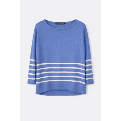 Смугастий жіночий пуловер з бавовни та кашеміру з рукавом 3/4 Блакитно-Білий