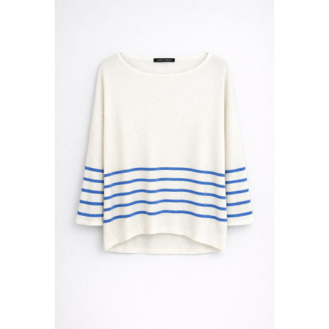 Смугастий жіночий пуловер з бавовни та кашеміру з рукавом 3/4 Біло-Блакитний