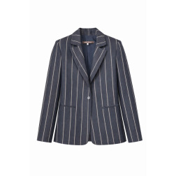 Жіночий лляний жакет  темно-синій у тонку смужку