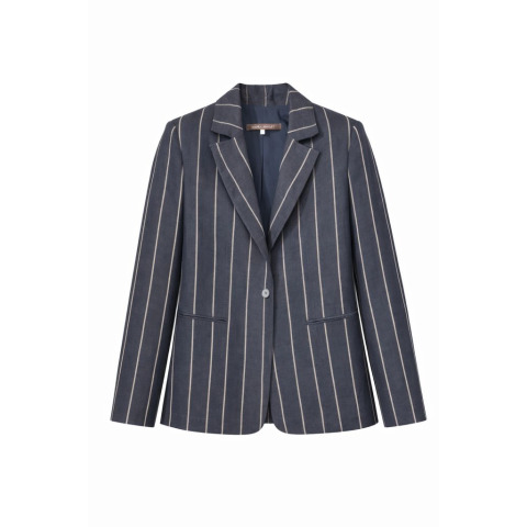 Жіночий лляний жакет  темно-синій у тонку смужку