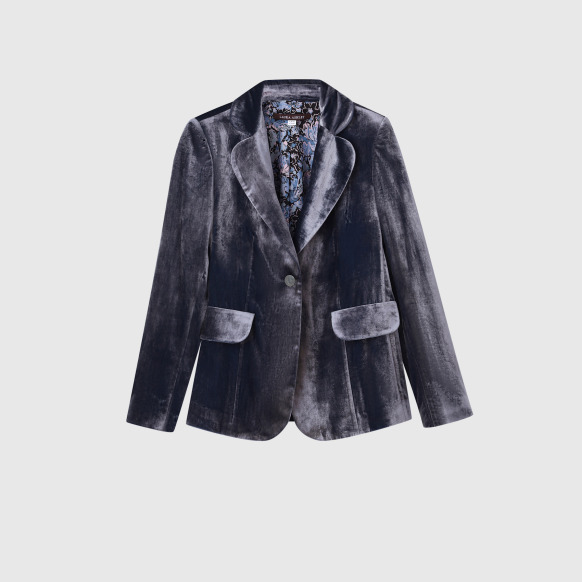 Вечірній жакет зі сріблясто-сірого велюру