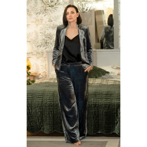 Вечірні велюрові штани сіро-сріблястого кольору