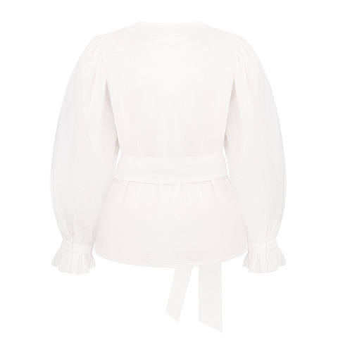 Блуза на запах із бавовни з широкими рукавами на манжеті, біла (White).