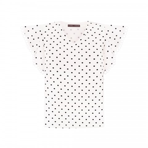 Футболка V-виріз, рукав-крильце з мережкою, біла в чорний горох White/Black dot