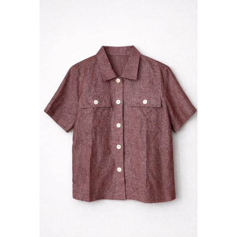 Укорочений лляний жакет з коротким рукавом бордового меланжевого кольору
